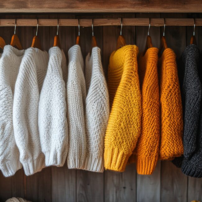 Présentoir de vêtements sur tringle bois dans un espace retail moderne et épuré