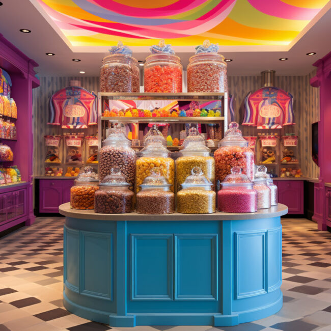 Agencement de magasin de bonbons : mise en valeur des produits et parcours client ludique