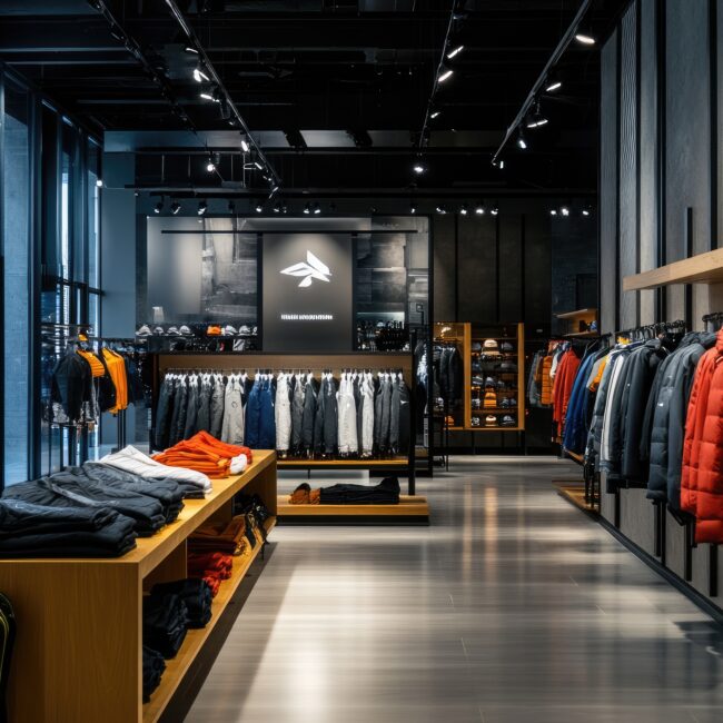 Magasin de vêtements de sport avec mobilier et présentoirs sur mesure