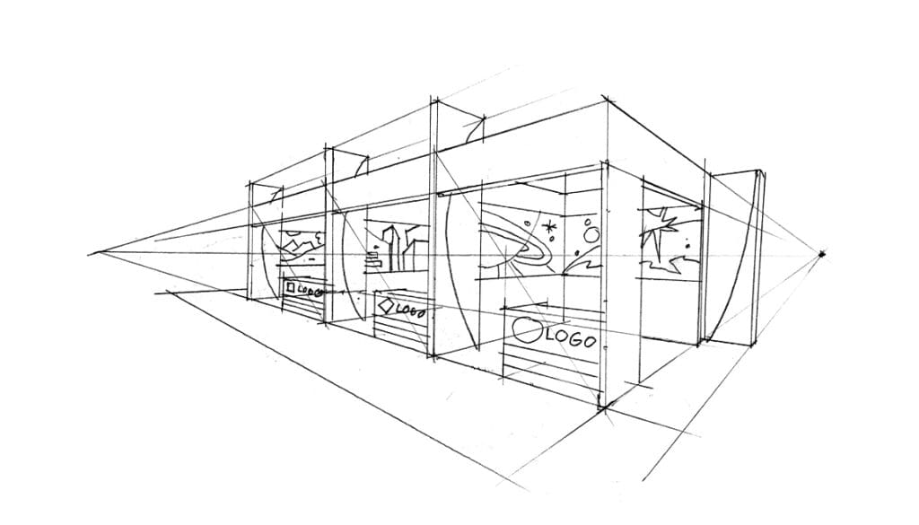 Plan de stand sur mesure dessiné à la main lors de la phase de conception