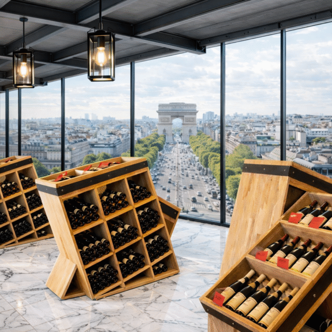 Présentoirs à bouteilles de vin sur mesure en bois et métal dans un espace retail haut de gamme avec vue sur Paris